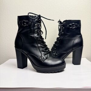 G BY GUESS Gansin Black Vegan Leather Combat High Heel Ankle Boots Size 6M